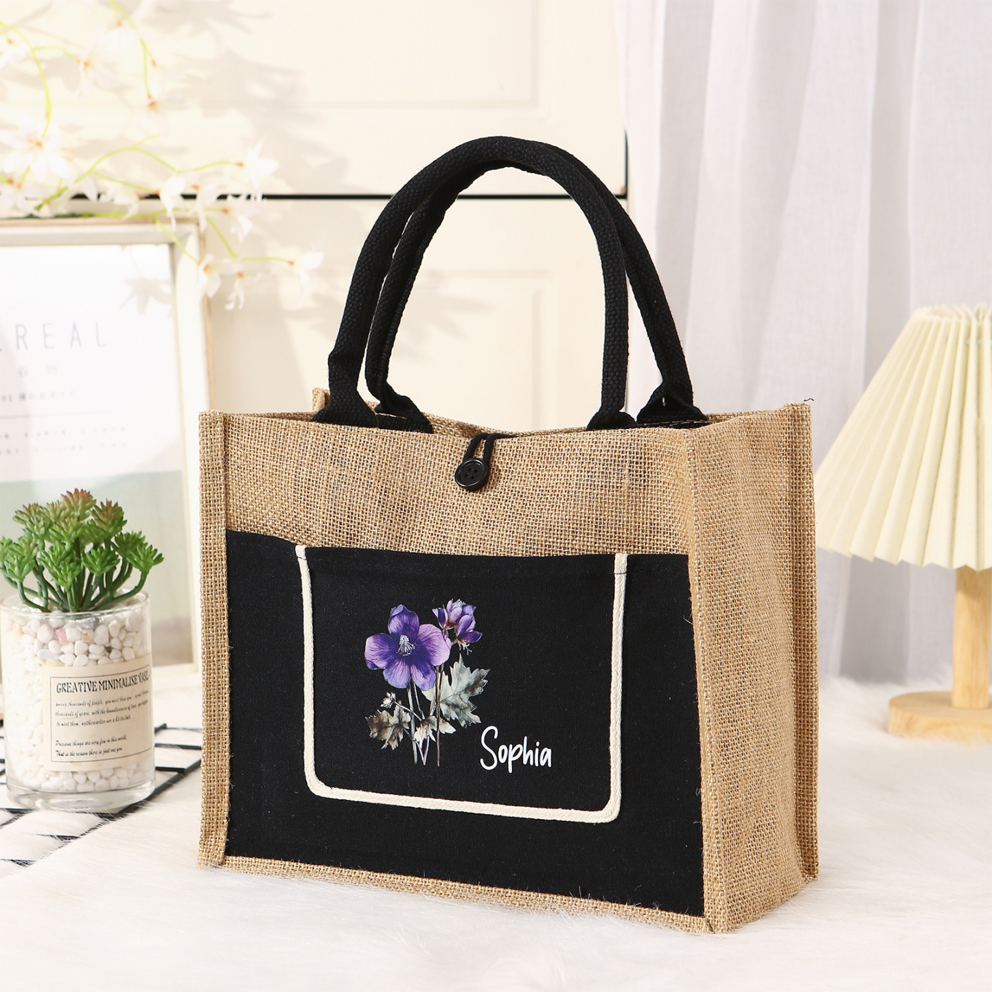 Sac Fourre-Tout en Jute Personnalisé 1 Prénom avec Fleur de naissance Blanc et Noir | Jessemade