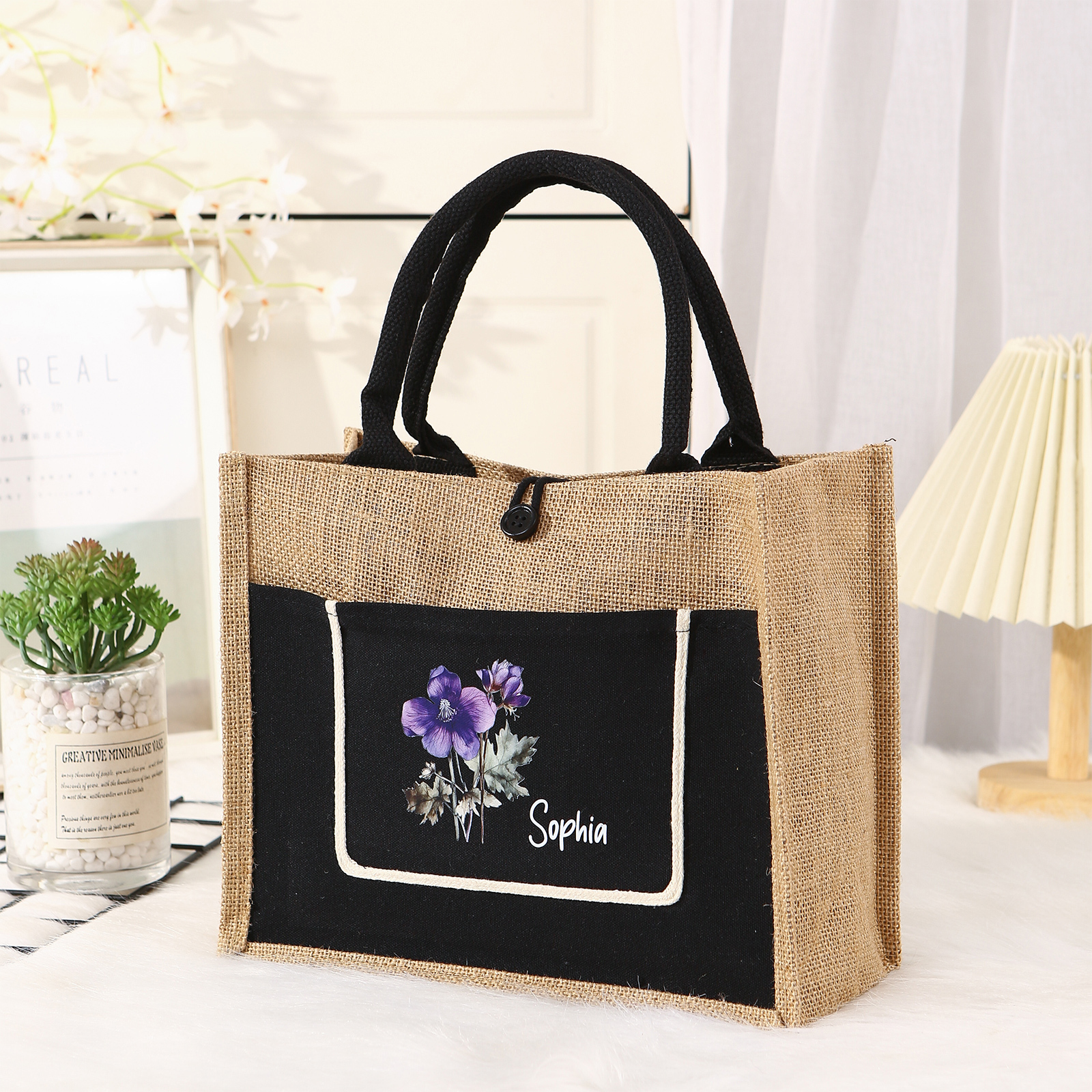 Sac Fourre-Tout en Jute Personnalisé 1 Prénom avec Fleur de naissance Blanc et Noir | Jessemade