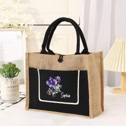 Sac Fourre-Tout en Jute Personnalisé 1 Prénom avec Fleur de naissance Blanc et Noir | Jessemade