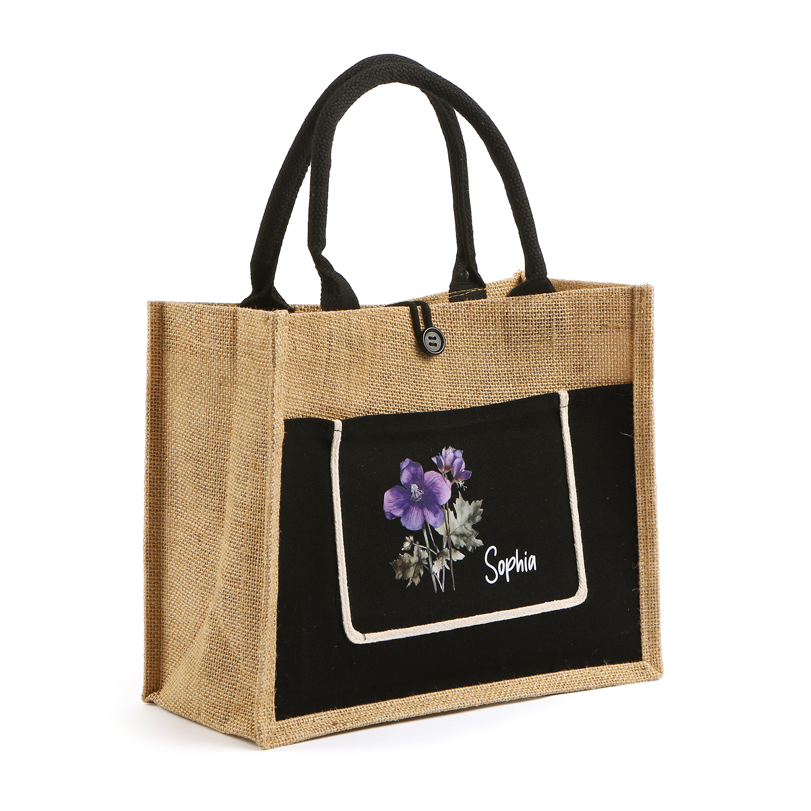 Sac Fourre-Tout en Jute Personnalisé 1 Prénom avec Fleur de naissance Blanc et Noir | Jessemade