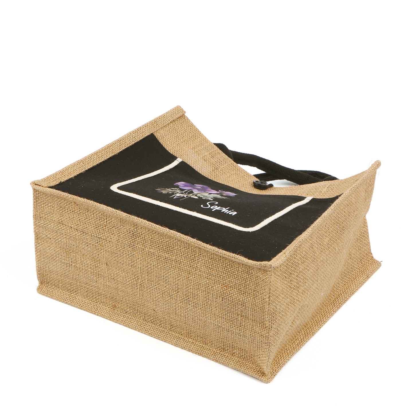 Sac Fourre-Tout en Jute Personnalisé 1 Prénom avec Fleur de naissance Blanc et Noir | Jessemade