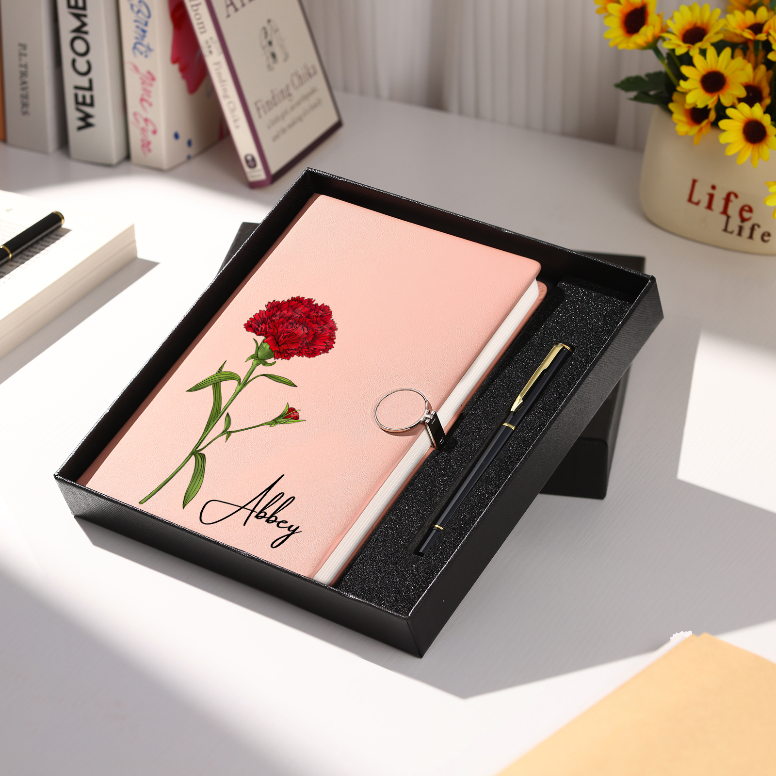 Coffret Cadeau de Carnet Personnalisé format A5 avec 1 Prénom et Fleur de naissance – Papeterie pour étudiant | Jessemade