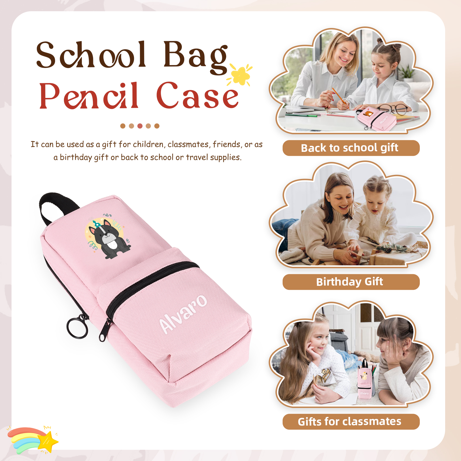 Trousse Personnalisable avec 1 Nom et Motif au Choix – Cadeau pour Enfants, 4 Couleurs | Jessemade