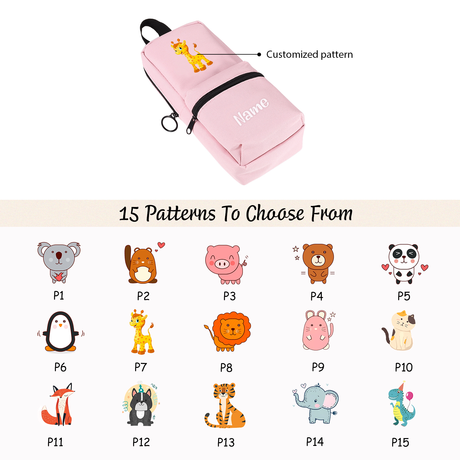 Trousse Personnalisable avec 1 Nom et Motif au Choix – Cadeau pour Enfants, 4 Couleurs | Jessemade