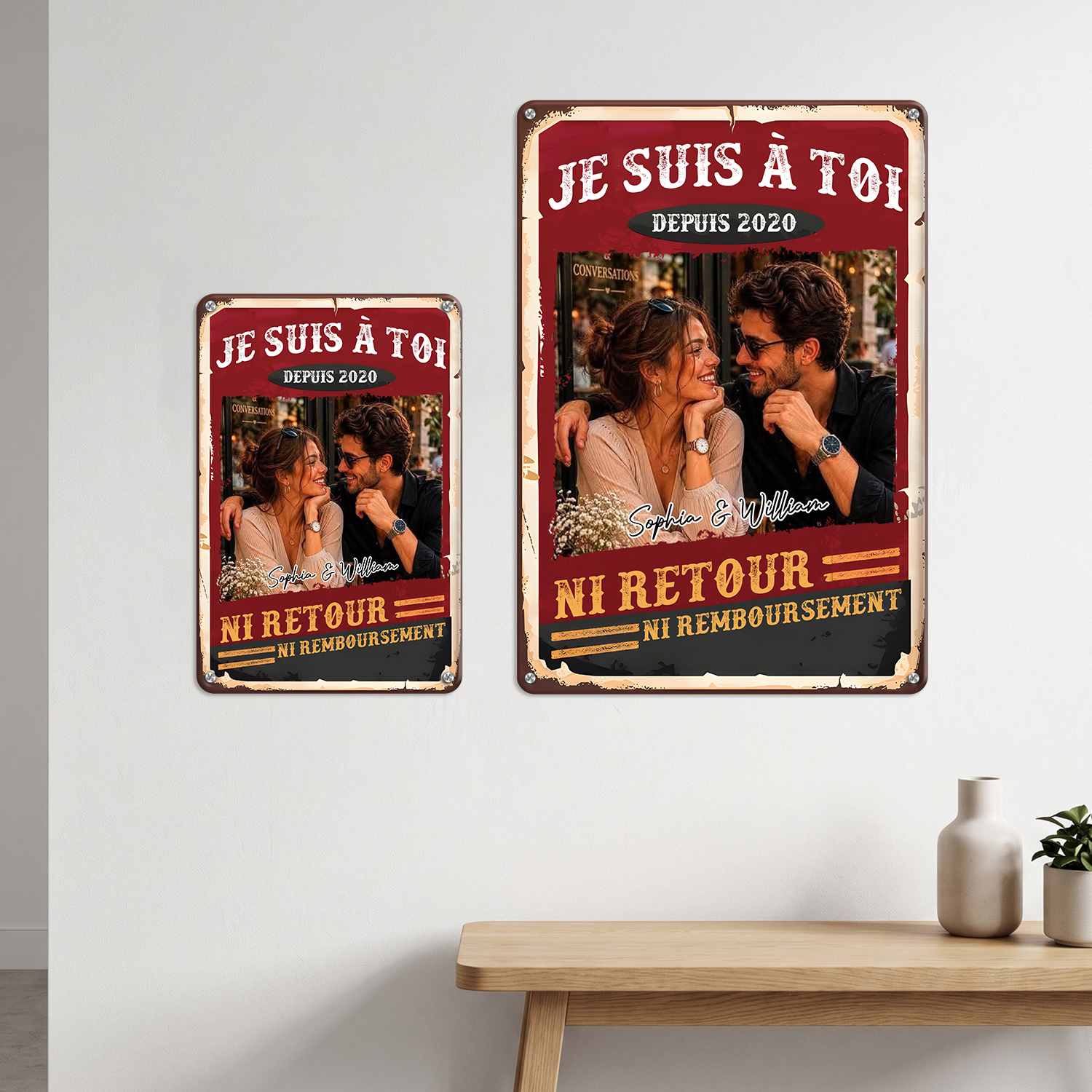 Plaque en Métal Personnalisée Couple avec 2 Prénoms et Année – Décoration Murale Romantique