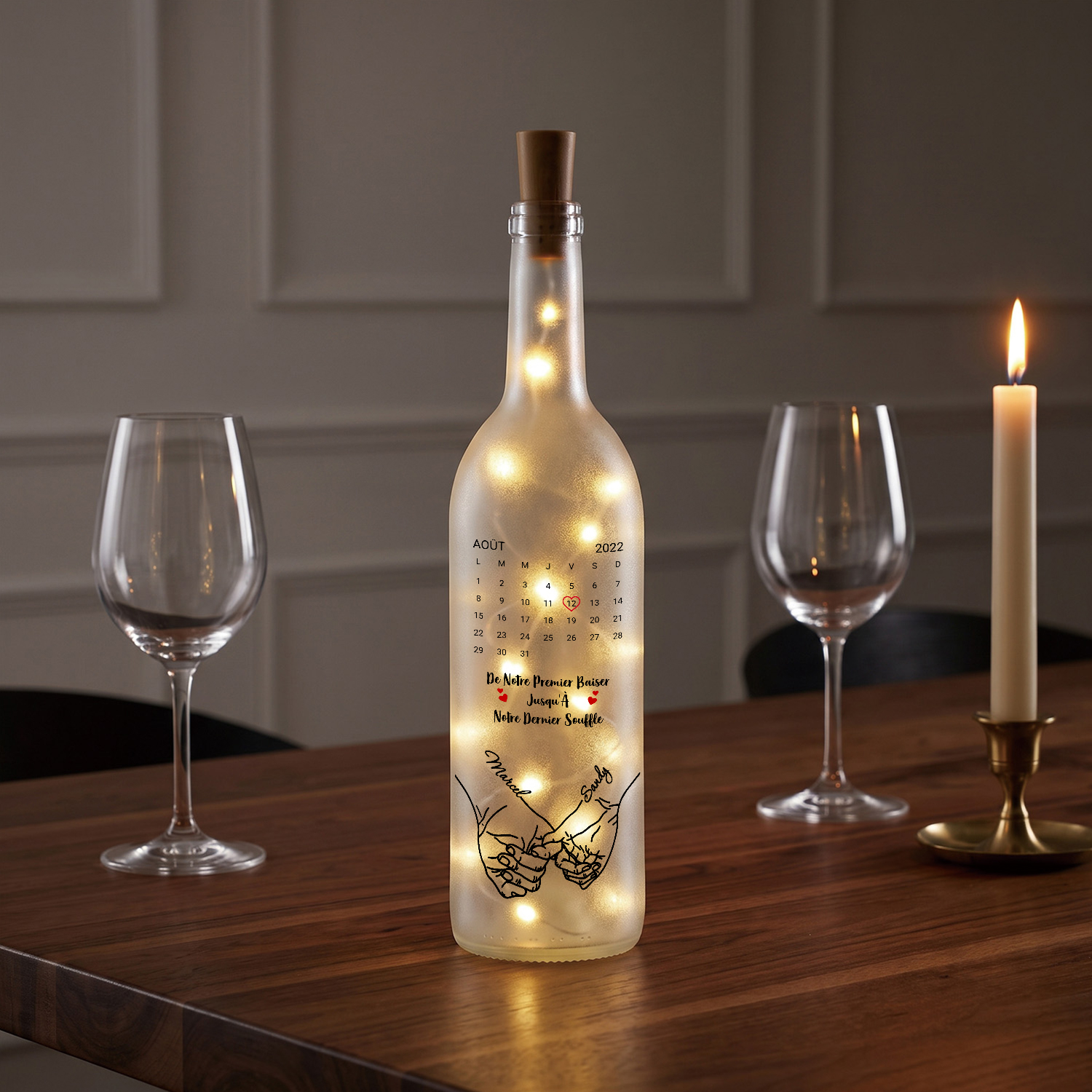 Bouteille Lumineuse Personnalisée Couple avec 2 Prénoms et Date – Cadeau Souvenir Romantique