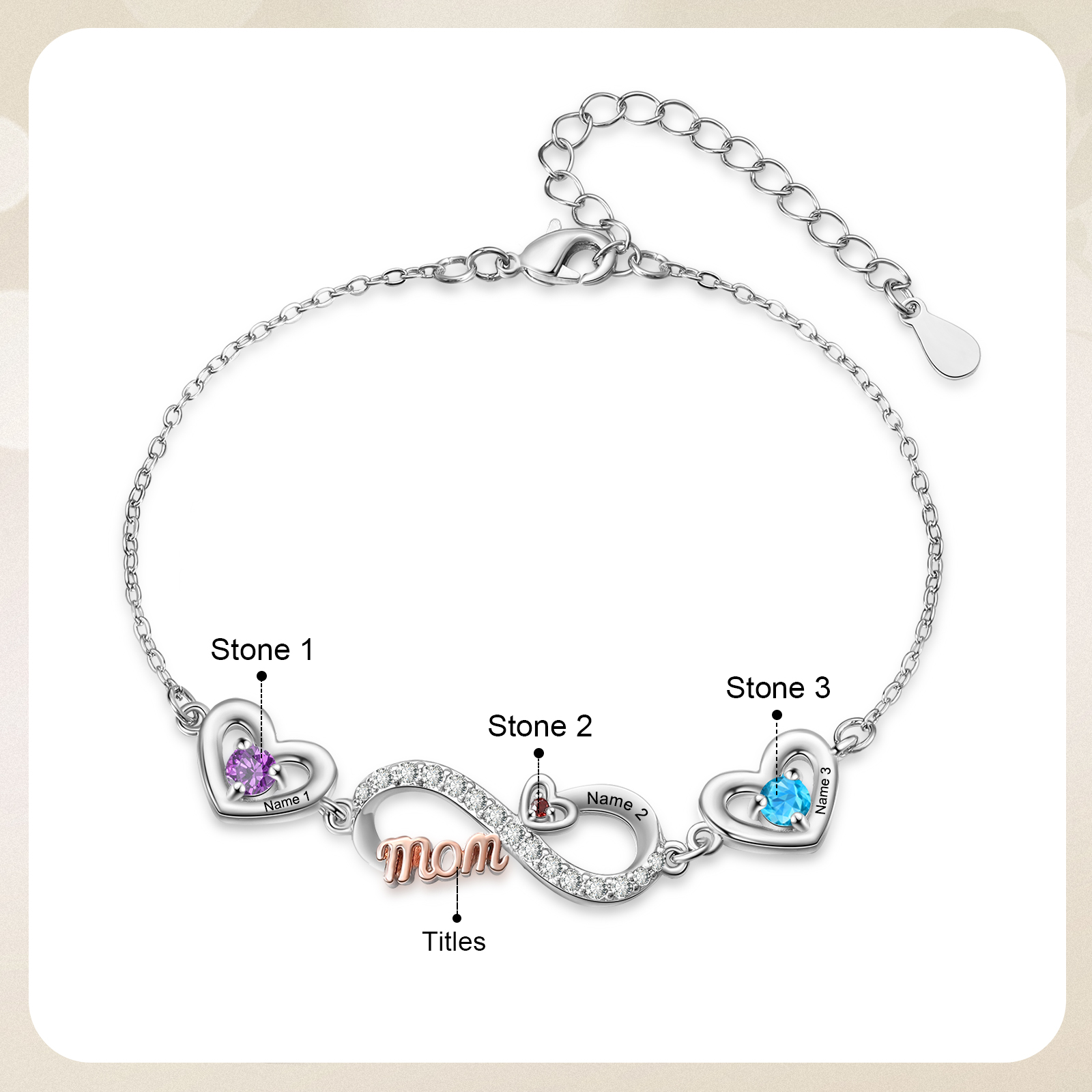 Bracelet Cœur Infini Personnalisé avec Pierres de naissance pour Maman, personnalisable avec 2 à 6 Prénoms