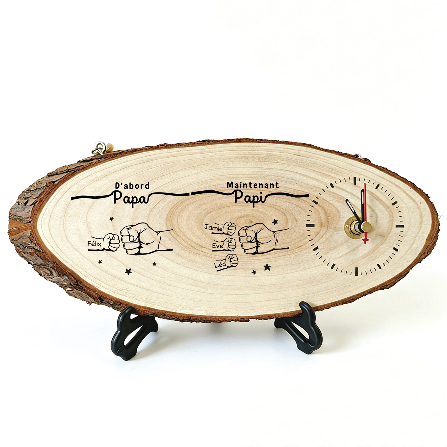 Horloge murale Personnalisée en Bois avec 2 à 12 Prénoms, motif poings qui se cognent, Cadeau pour Papa ou Papi