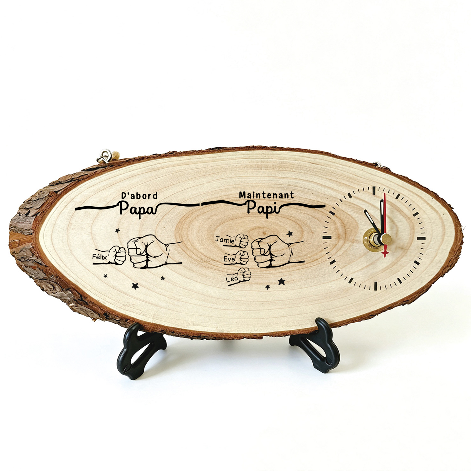 Horloge murale Personnalisée en Bois avec 2 à 12 Prénoms, motif poings qui se cognent, Cadeau pour Papa ou Papi