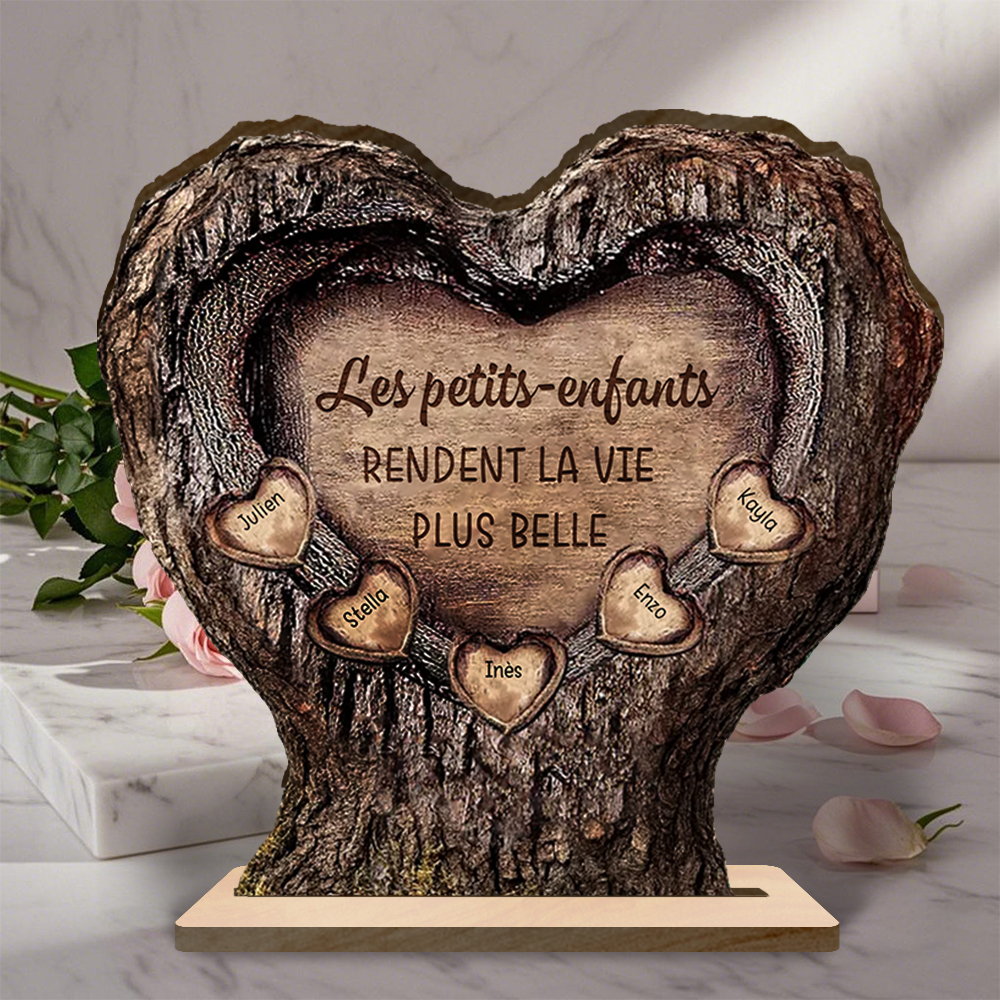 Plaque en bois personnalisée cœur-tronc avec prénoms des petits-enfants cadeau Papi et Mamie