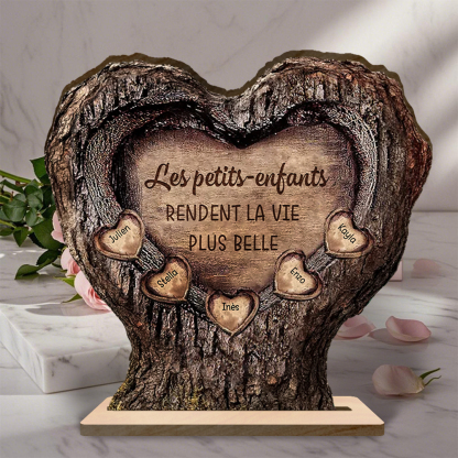 Plaque en bois personnalisée cœur-tronc avec prénoms des petits-enfants cadeau Papi et Mamie