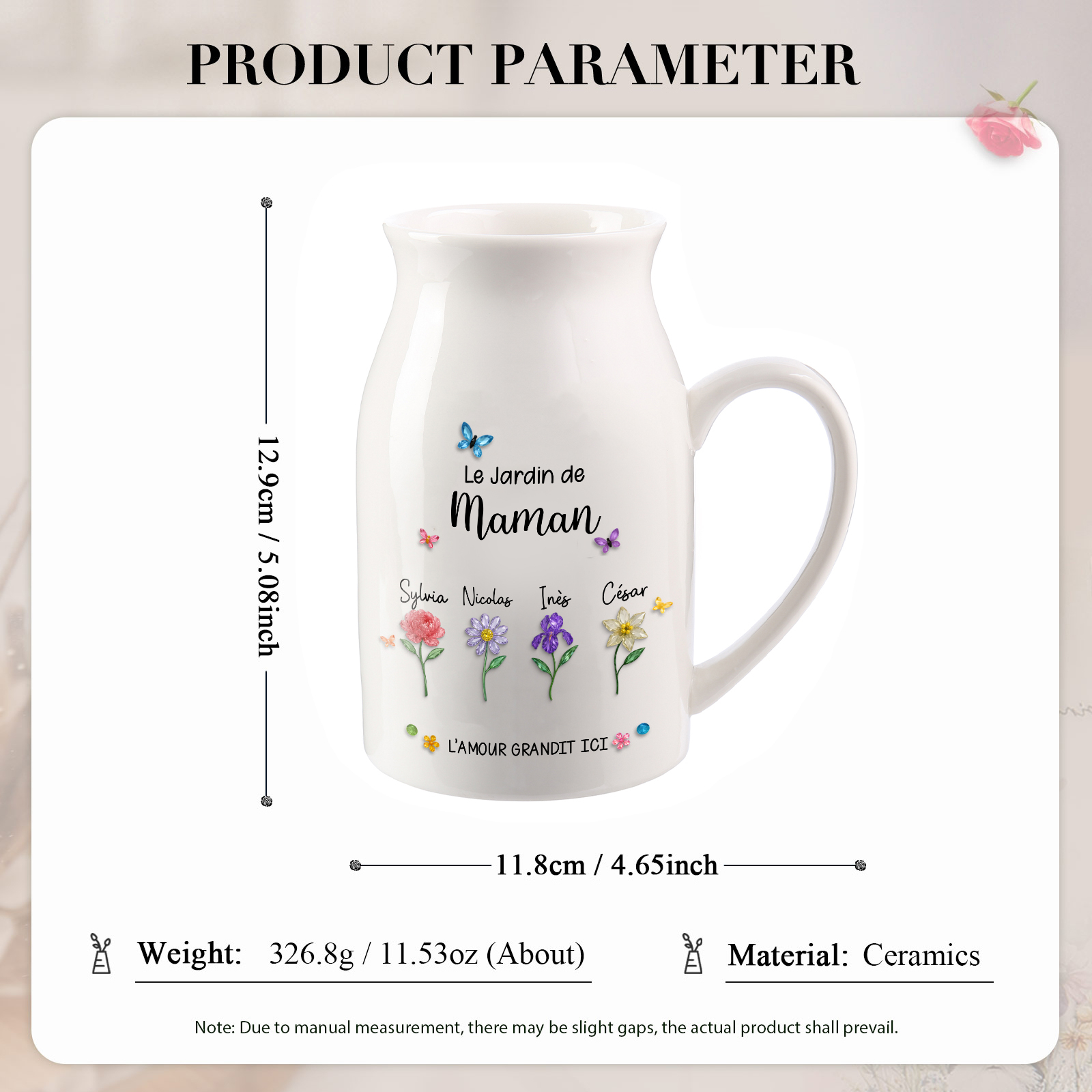 Vase en céramique personnalisée « Le jardin de maman ou mamie » avec 1 à 10 fleurs de naissance et prénoms (sans fleurs)