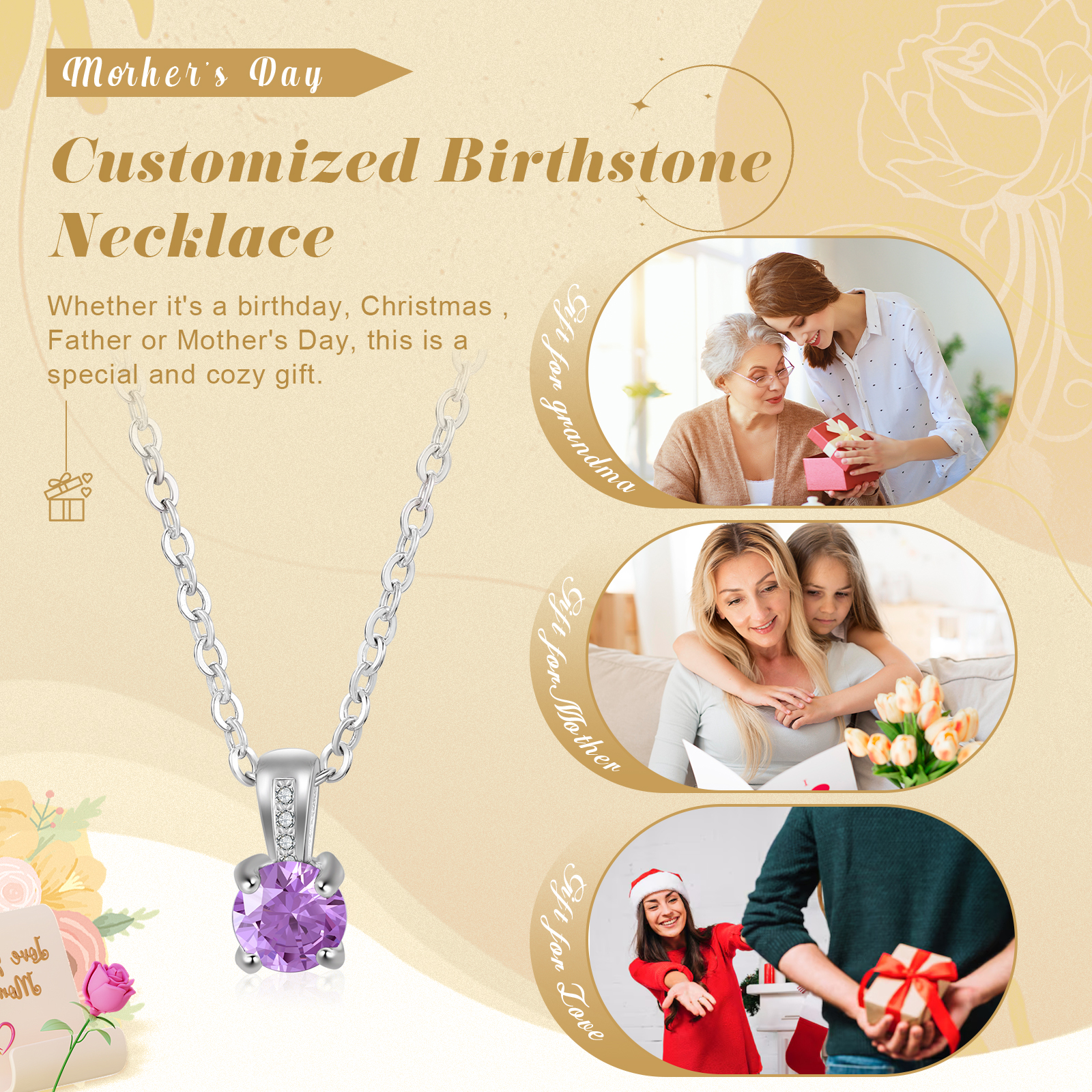 Collier avec Pierre de Naissance Personnalisée – Zircon Cubique sur Chaîne en Argent 925 ou Plaqué Rhodium Collier pour Femme｜Jessemade