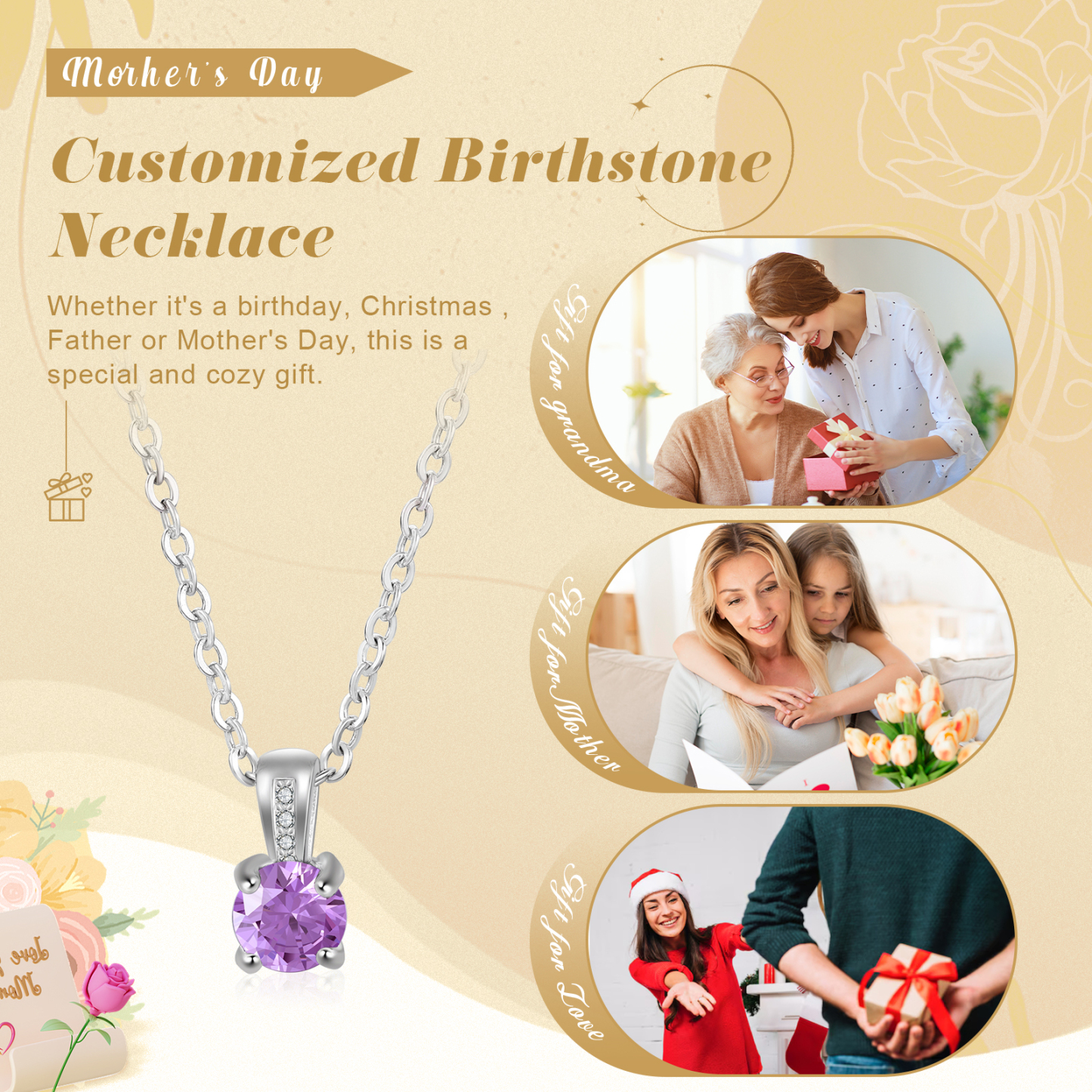 Collier avec Pierre de Naissance Personnalisée – Zircon Cubique sur Chaîne en Argent 925 ou Plaqué Rhodium Collier pour Femme｜Jessemade