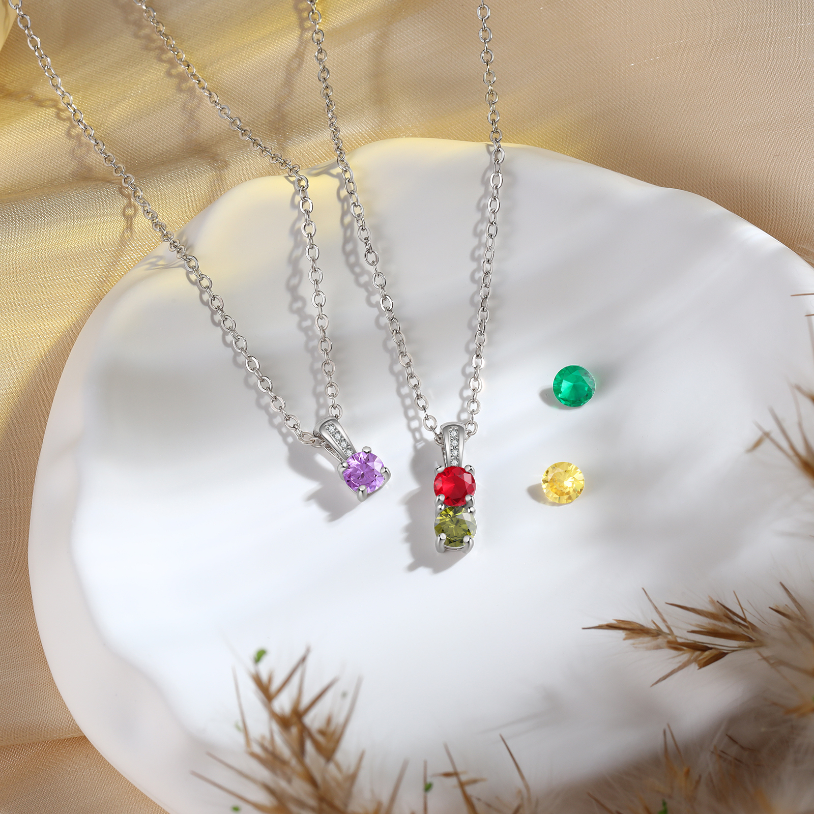 Collier avec 2 Pierres de Naissance Personnalisées – Zircon Cubique sur Chaîne en Argent 925 ou Plaqué Rhodium Collier pour Femme｜Jessemade