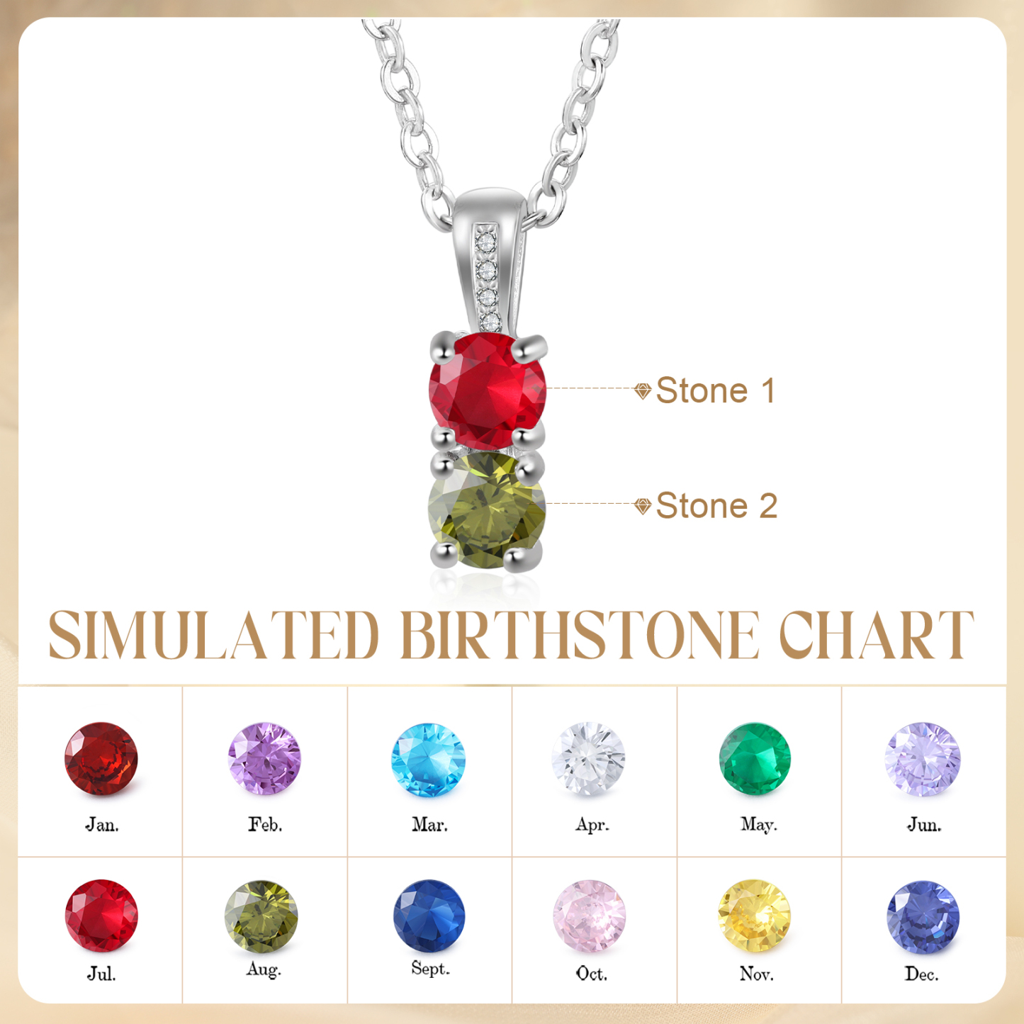 Collier avec 2 Pierres de Naissance Personnalisées – Zircon Cubique sur Chaîne en Argent 925 ou Plaqué Rhodium Collier pour Femme｜Jessemade