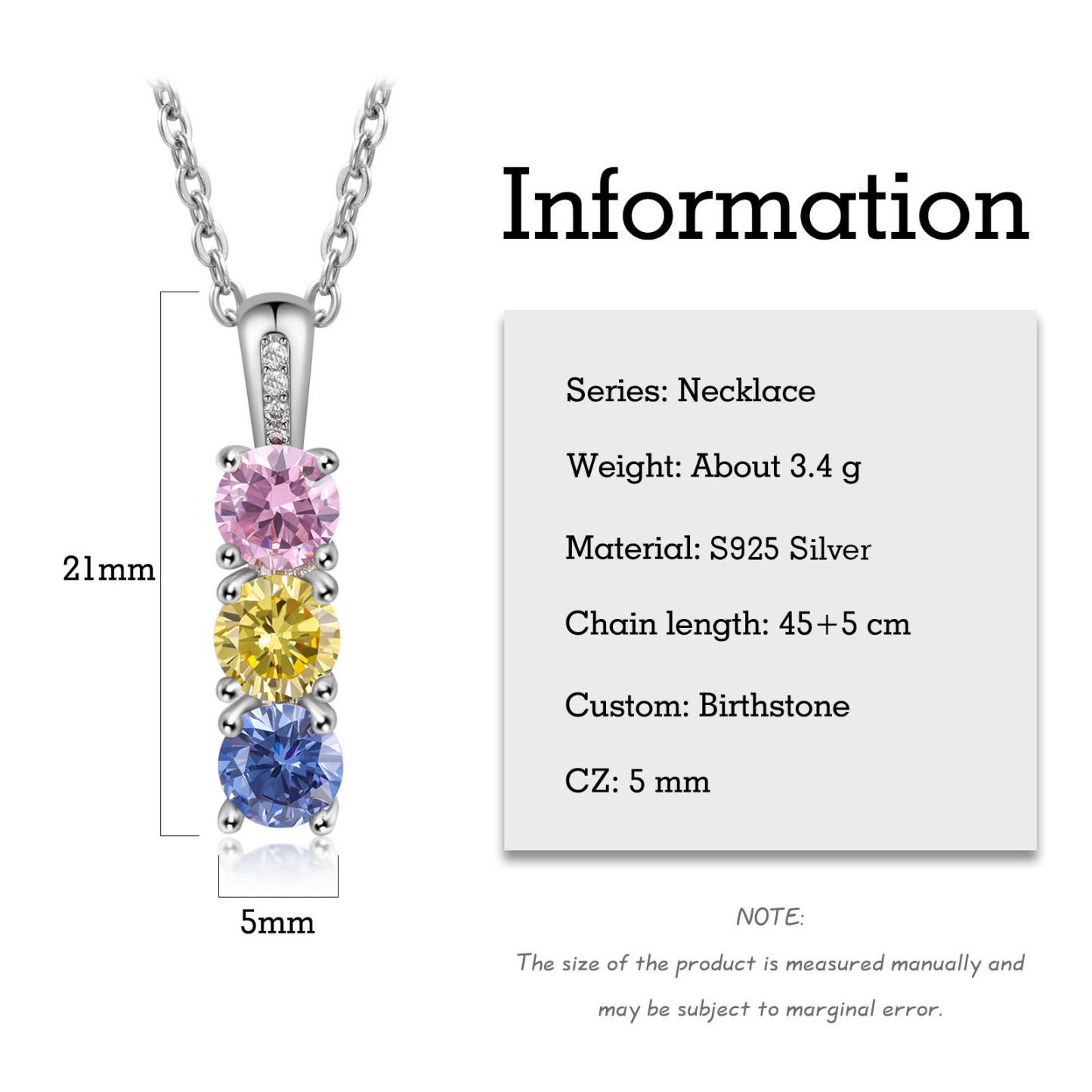 Collier avec 3 Pierres de Naissance Personnalisées – Zircon Cubique sur Chaîne en Argent 925 ou Plaqué Rhodium Collier pour Femme｜Jessemade