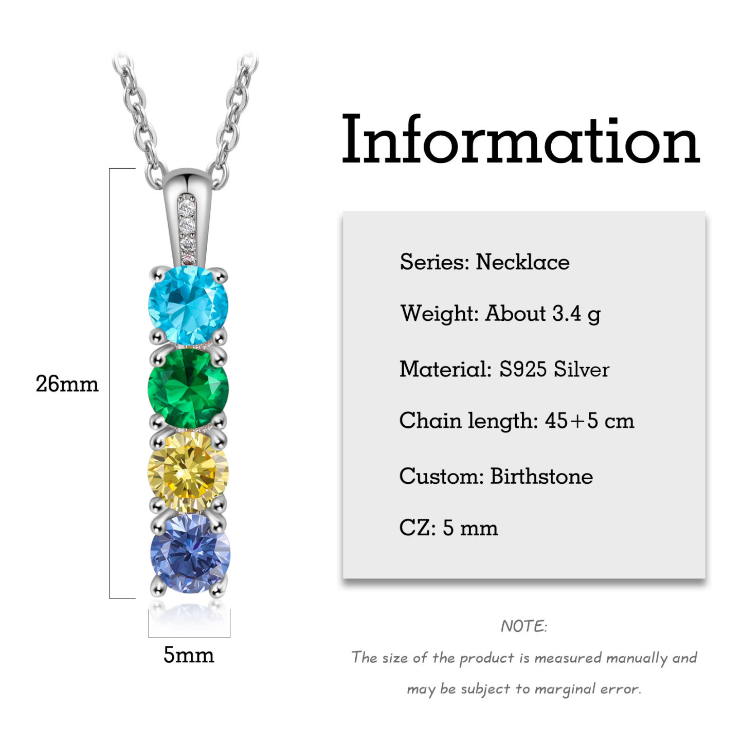 Collier avec 4 Pierres de Naissance Personnalisées – Zircon Cubique sur Chaîne en Argent 925 ou Plaqué Rhodium Collier pour Femme|Jessemade