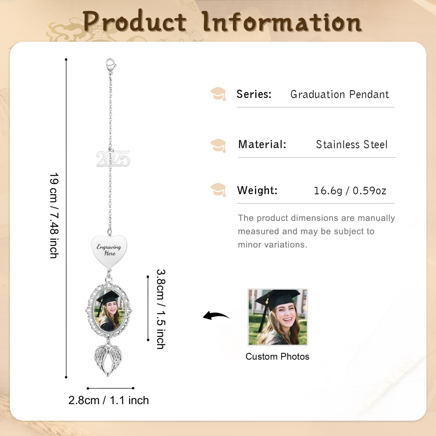 Pendentif de Graduation Personnalisé avec 1 Photo et texte - Cadeau pour Graduation 2025 | Jessemade