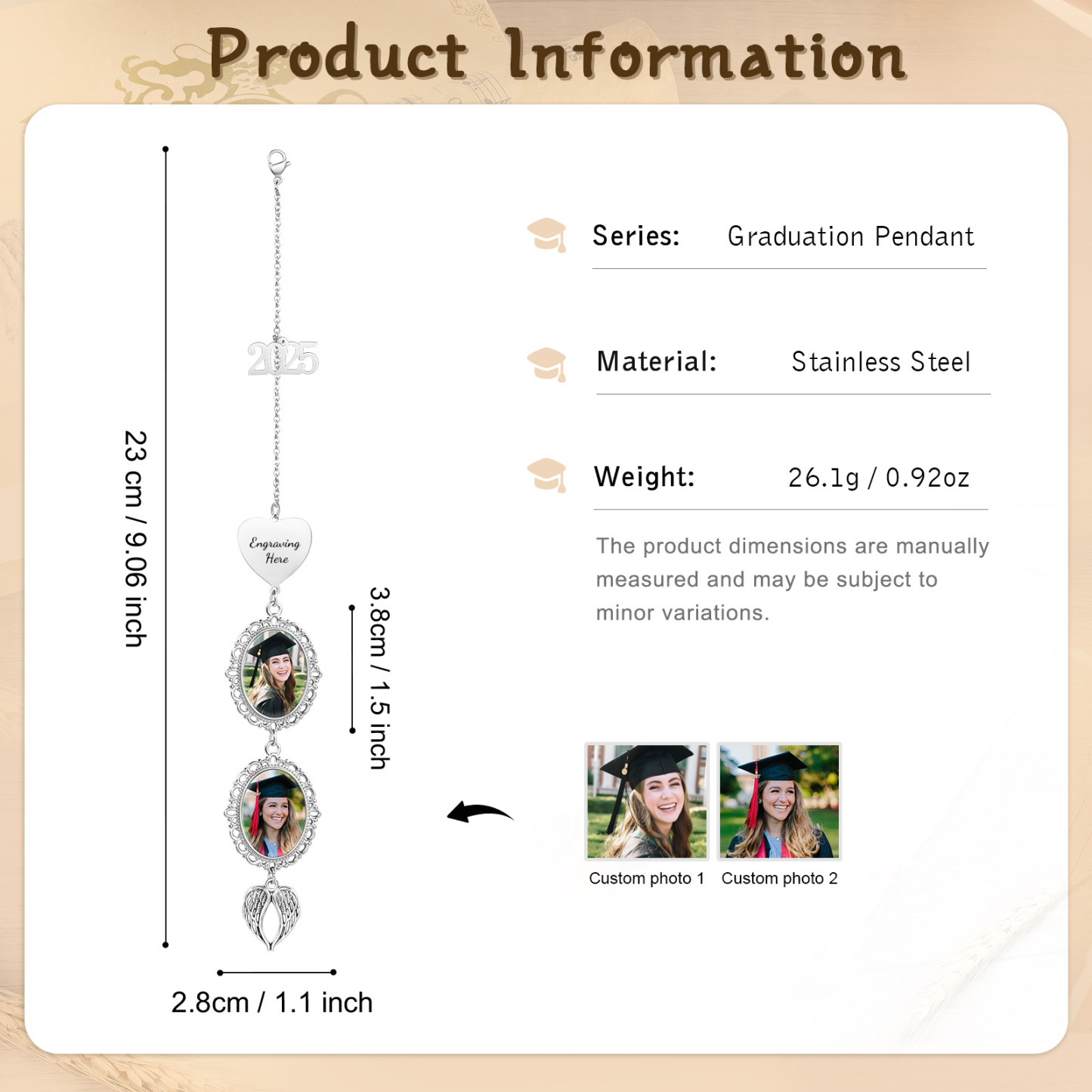 Pendentif de Graduation Personnalisé avec 2 Photos et 1 Texte - Cadeau pour Graduation 2025 | Jessemade