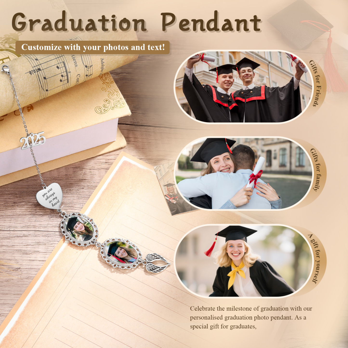 Pendentif de Graduation Personnalisé avec 2 Photos et 1 Texte - Cadeau pour Graduation 2025 | Jessemade