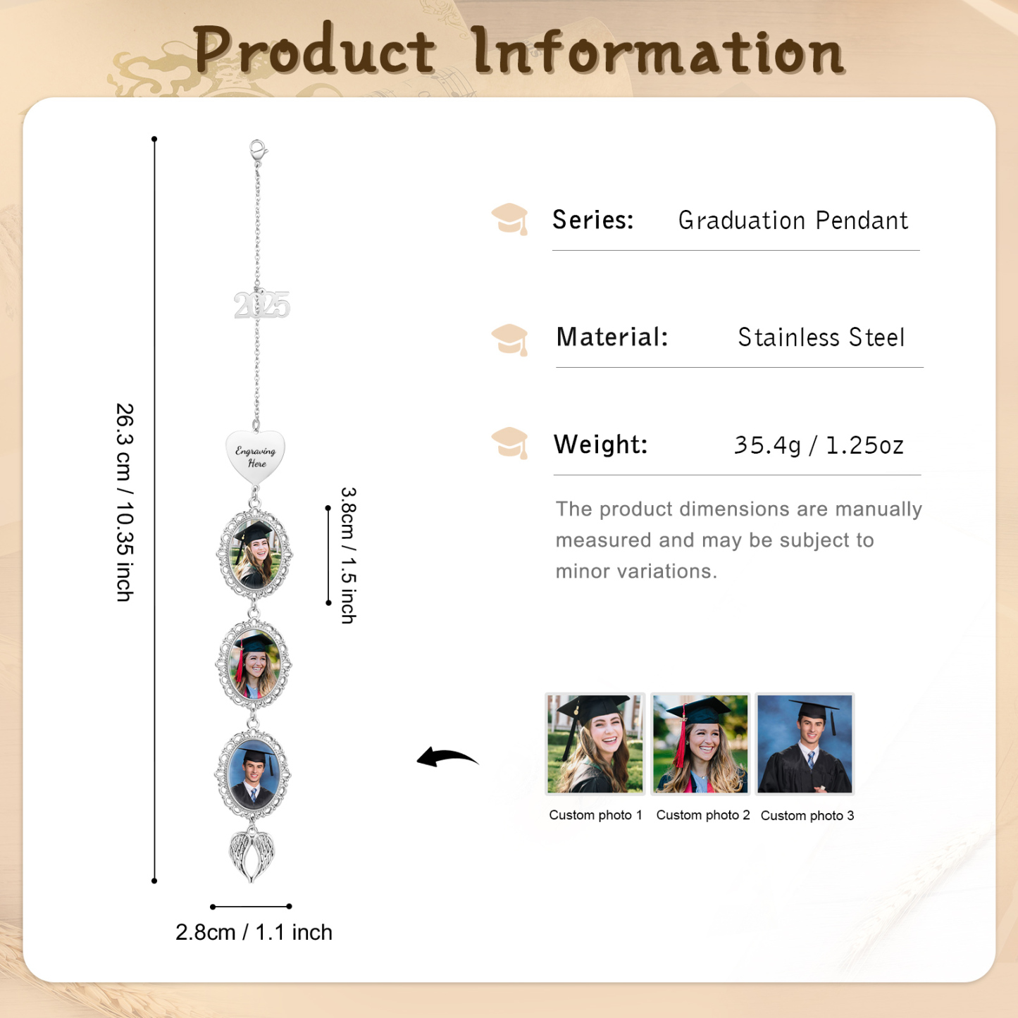 Pendentif de Graduation Personnalisé avec 3 Photos et 1 Texte - Cadeau pour Graduation 2025 | Jessemade