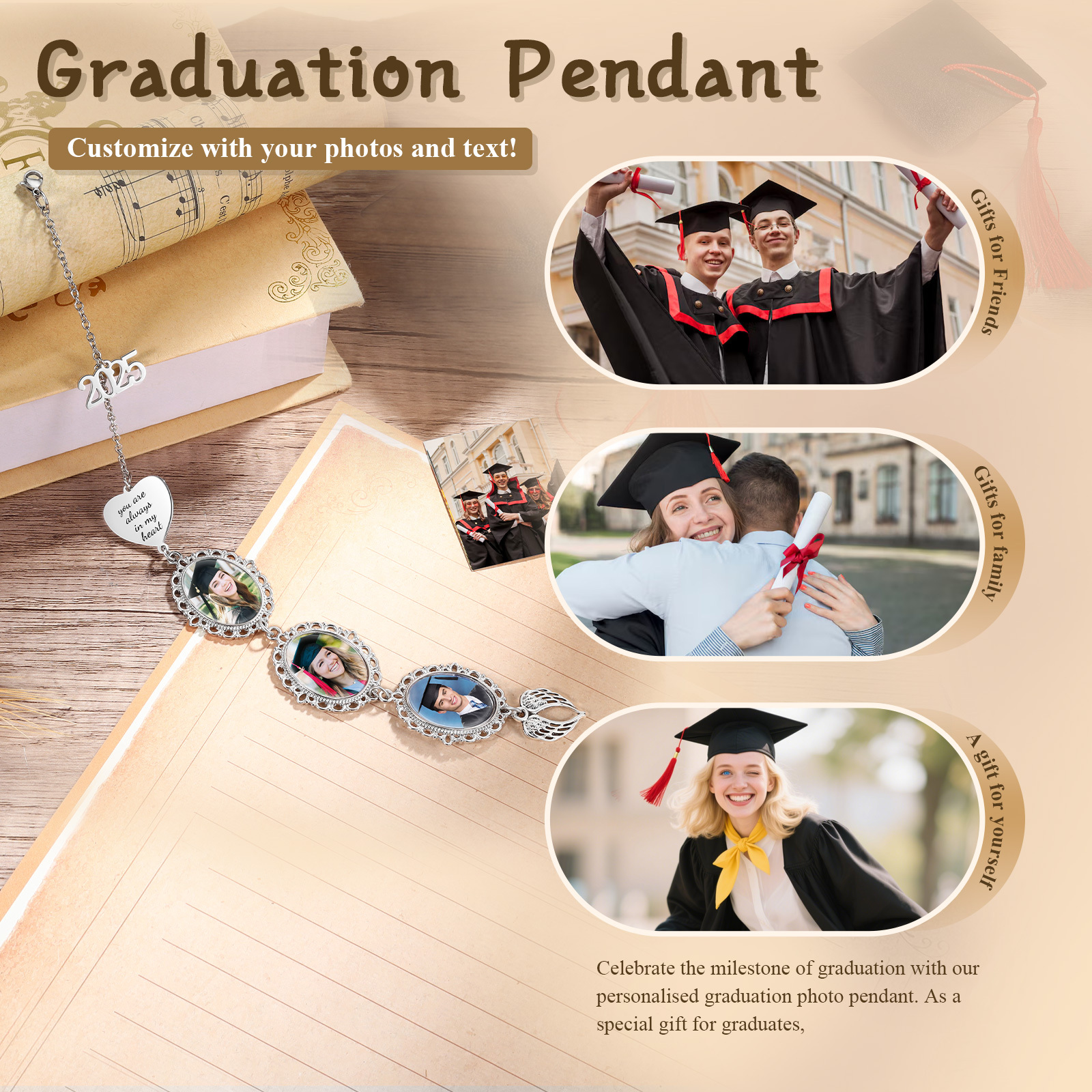 Pendentif de Graduation Personnalisé avec 3 Photos et 1 Texte - Cadeau pour Graduation 2025 | Jessemade