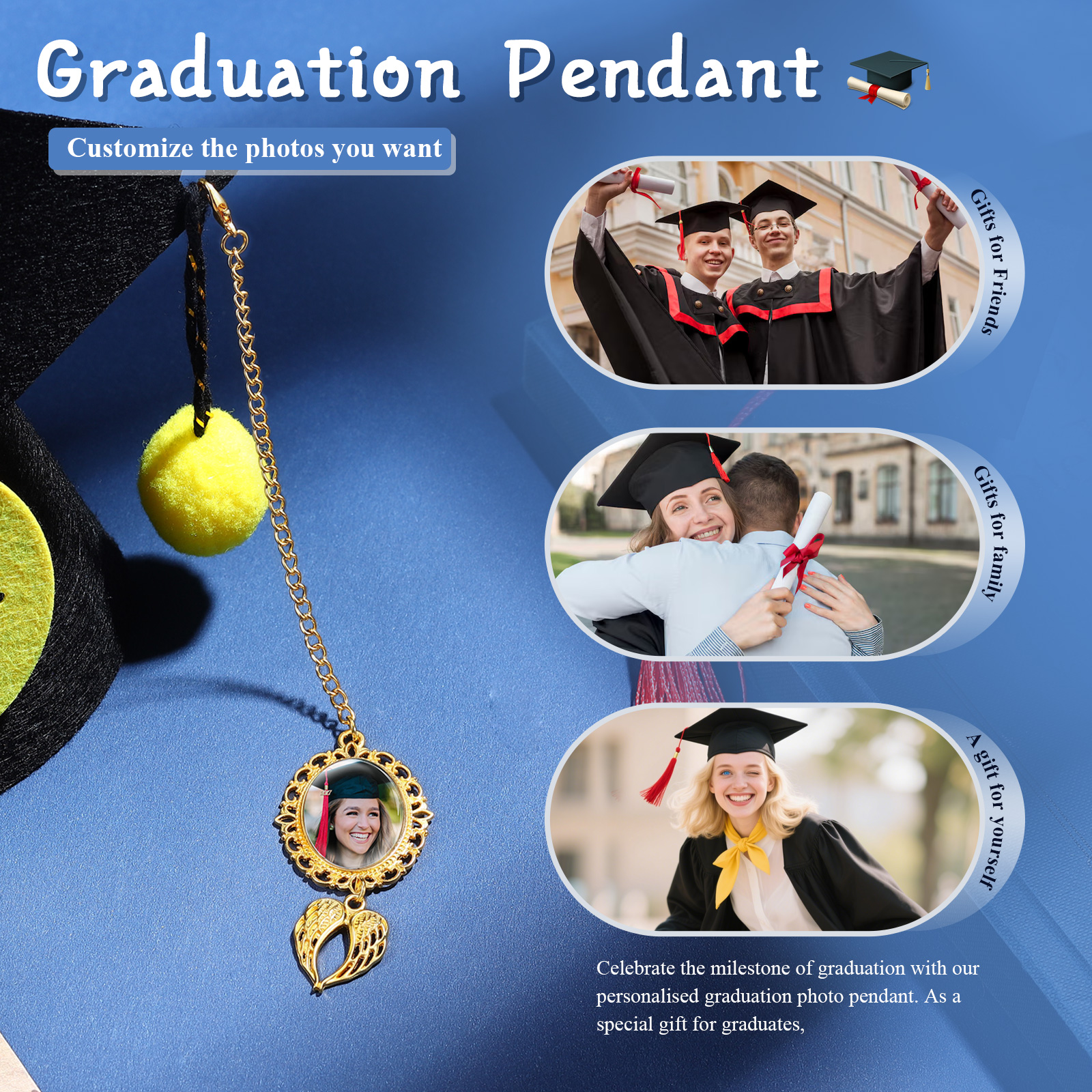Pendentif de Graduation Personnalisé avec 1 Photo - Cadeau pour Graduation| Jessemade