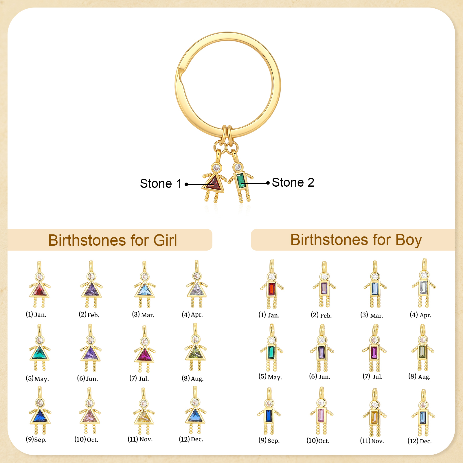 Porte-clés Personnalisé avec Pierres de Naissance, Breloques Famille et 1 à 6 Breloques Enfant