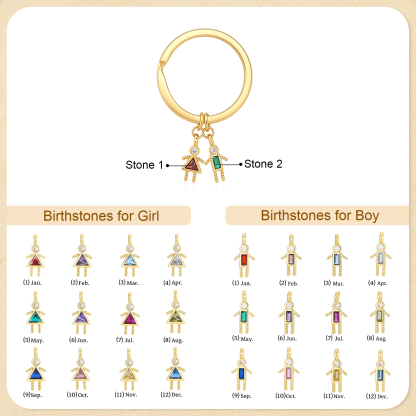 Porte-clés Personnalisé avec Pierres de Naissance, Breloques Famille et 1 à 6 Breloques Enfant