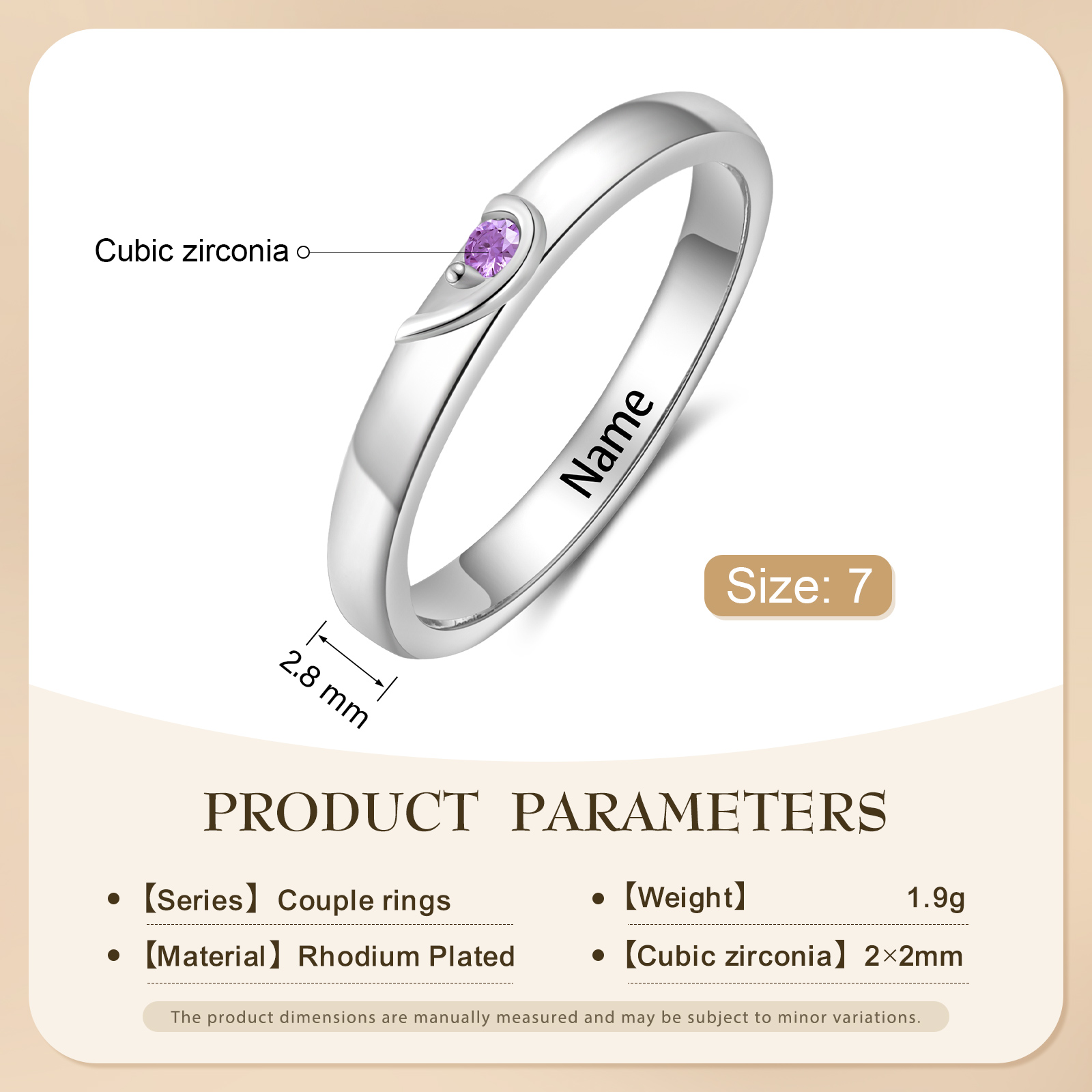 Bague partenaire en forme de cœur avec 2 pierres de naissance, gravée avec 2 prénoms