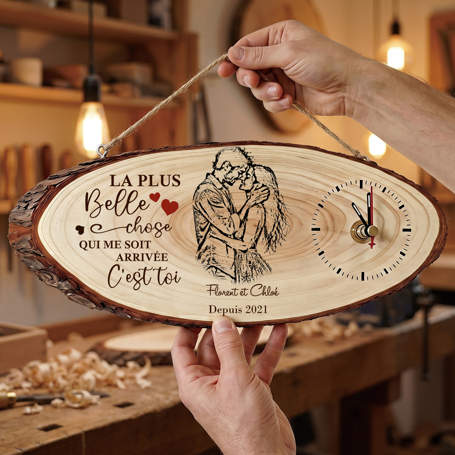 Horloge en Bois Personnalisée Couple avec Photo, 2 Prénoms et Date – Cadeau pour Anniversaire ou Saint-Valentin