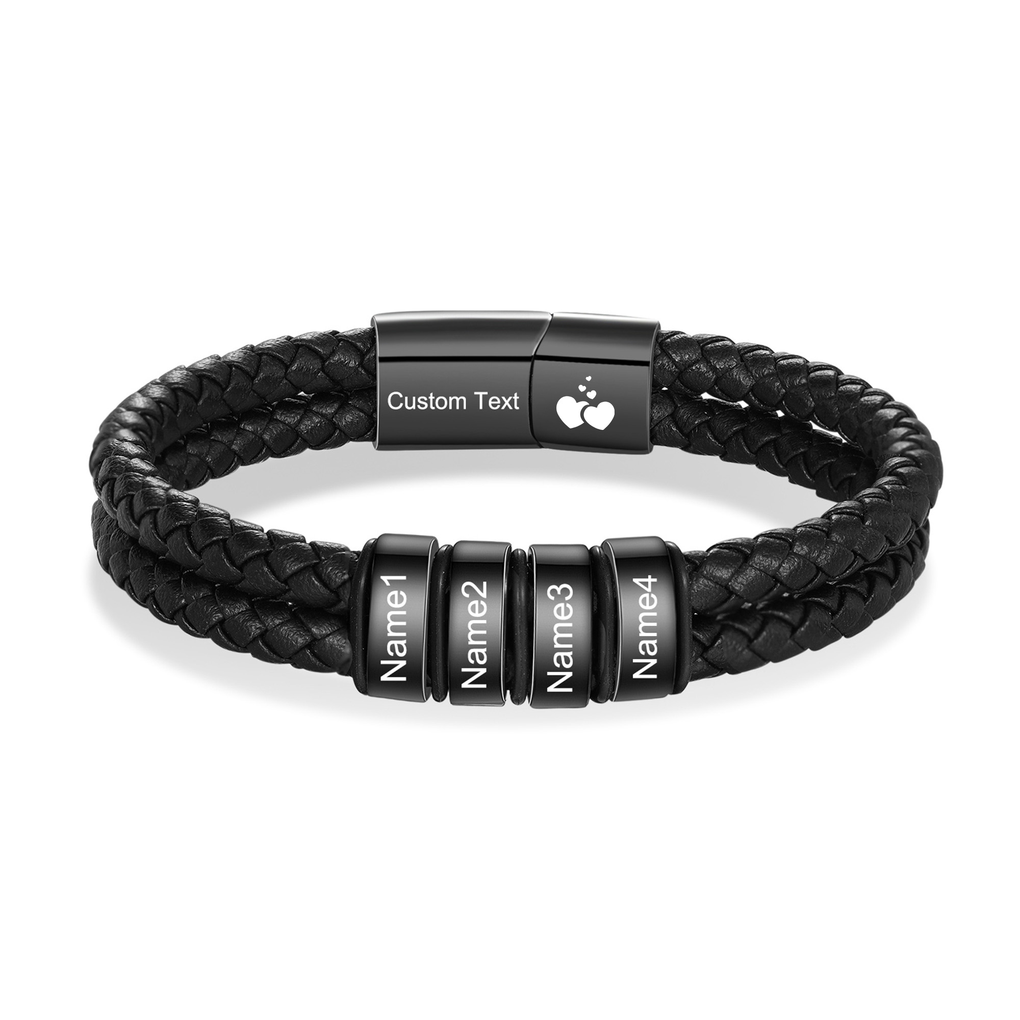 Bracelet en cuir tressé noir Personnalisé avec 2 à 6 Prénoms pour Homme