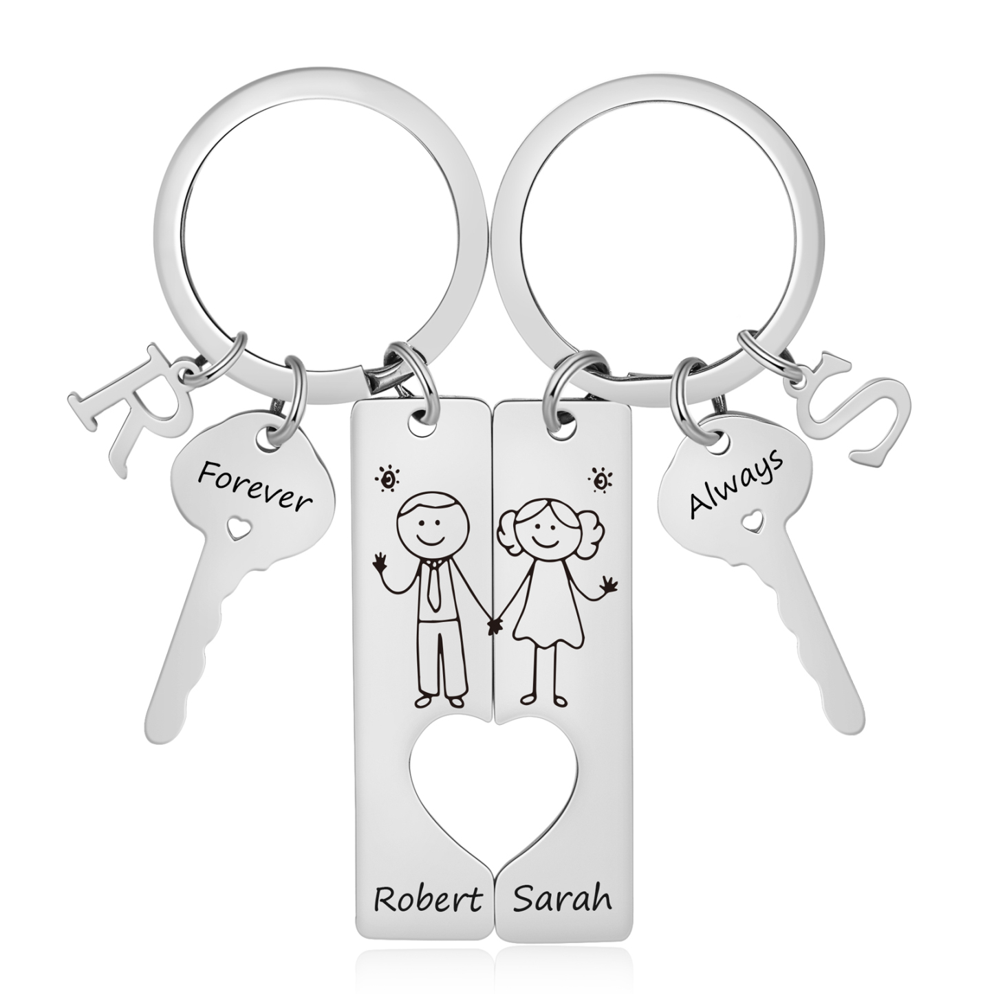 Porte-Clés pour Couple avec Cœur Découpé, Personnalisé avec Prénoms et Initiales, cadeau de Saint-Valentin