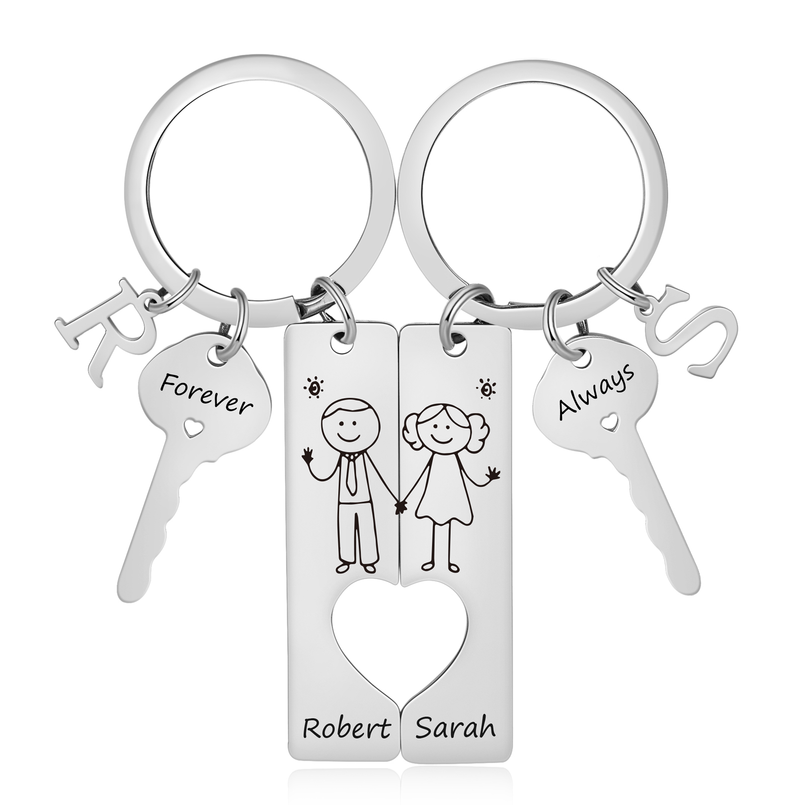 Porte-Clés pour Couple avec Cœur Découpé, Personnalisé avec Prénoms et Initiales, cadeau de Saint-Valentin