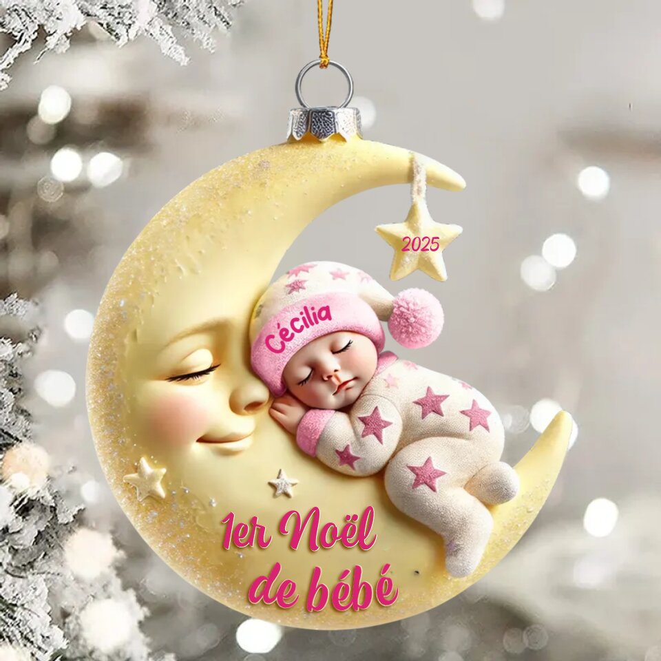 Décoration Sapin Noël en Acrylique Bébé sur la Lune - Premier Noël de Bébé