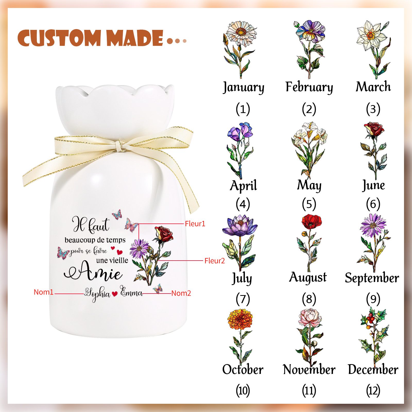 À Meilleure Amie - Vase Personnalisé 2 Prénoms et Fleurs de Naissance en Céramique  Cadeau pour Sœur ou Amie | Jessemade