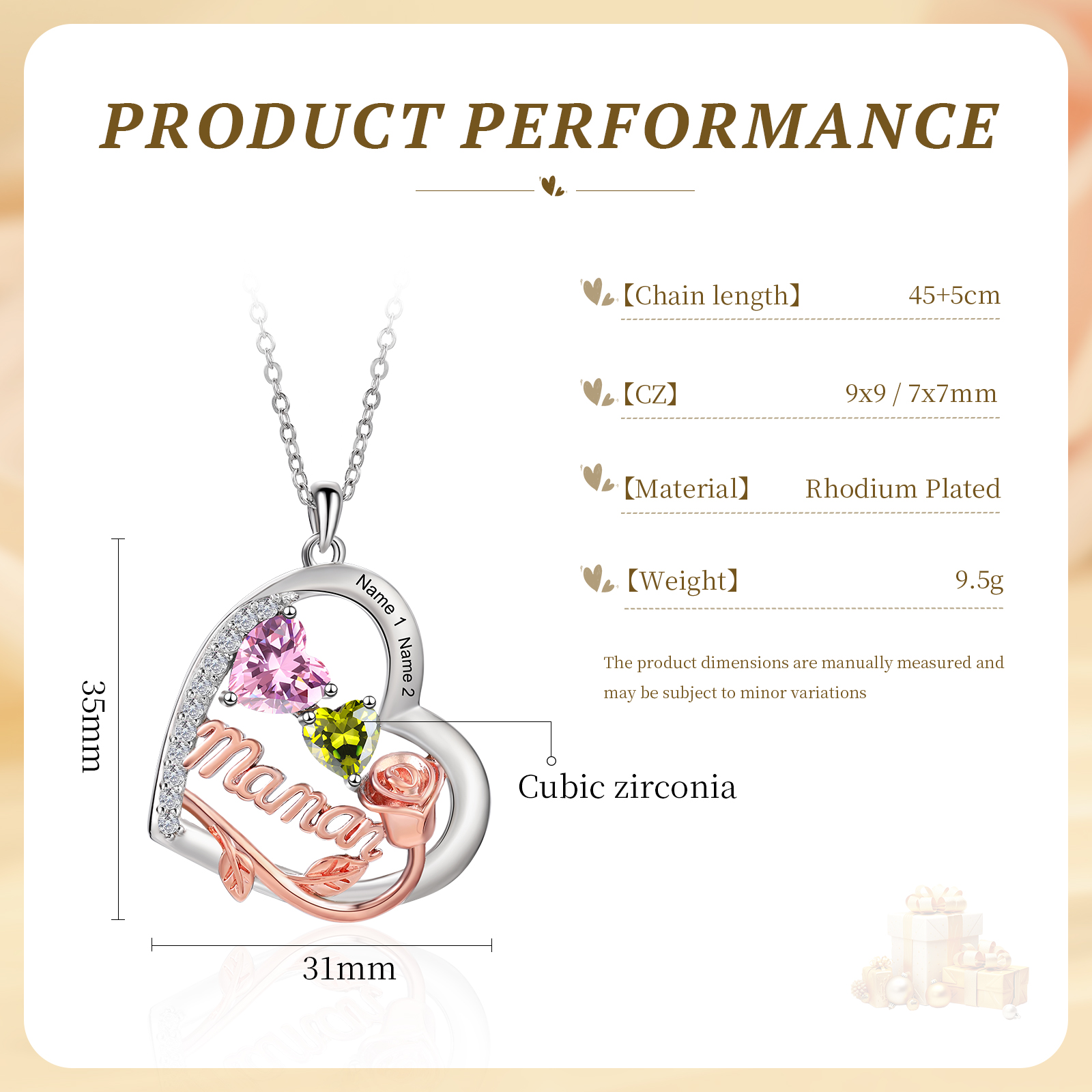 Collier Maman Bicolore Cœur et Rose, Pierre de naissance