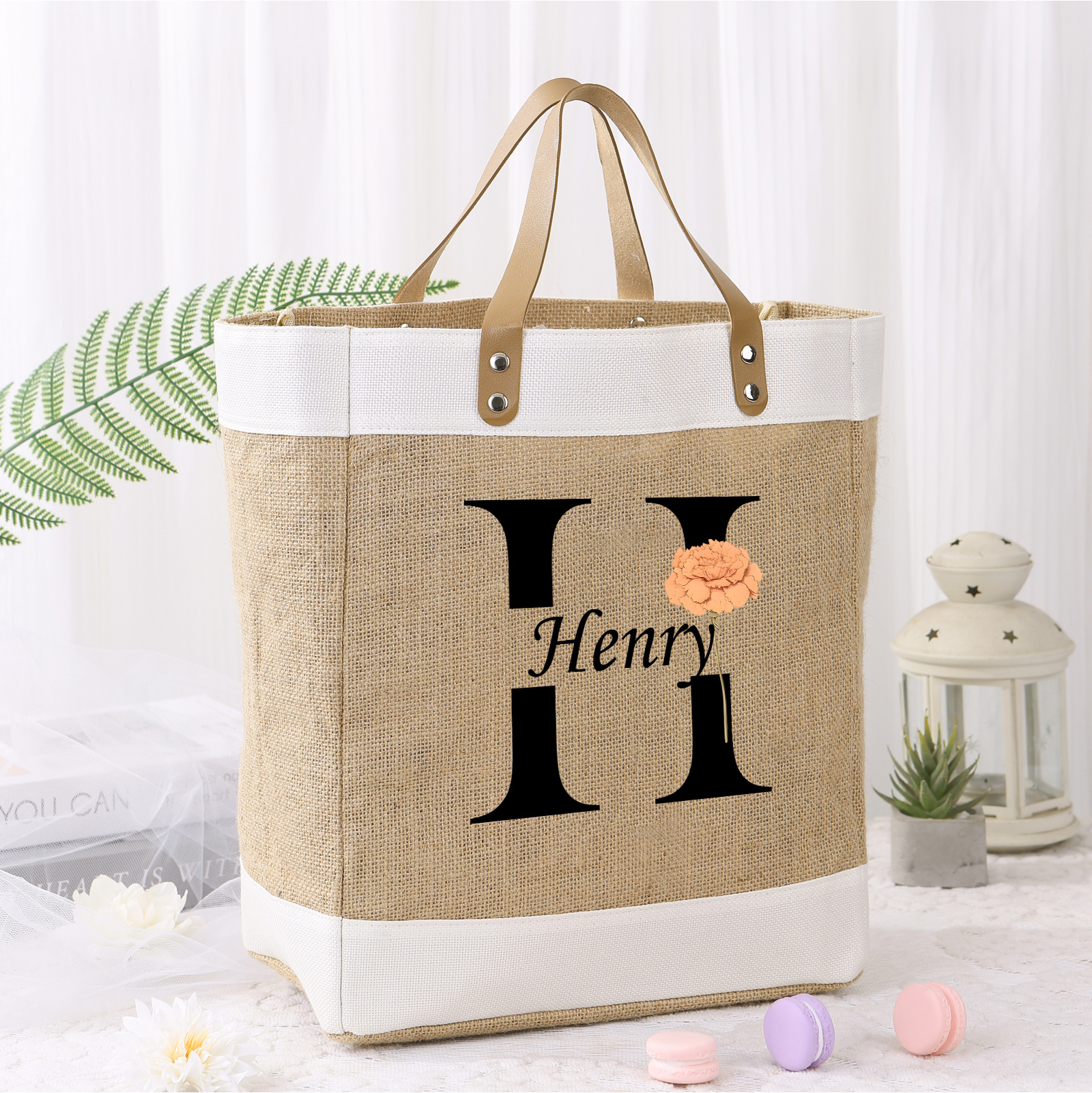 Cabas en jute Personnalisé, monogramme Fleur de Naissance