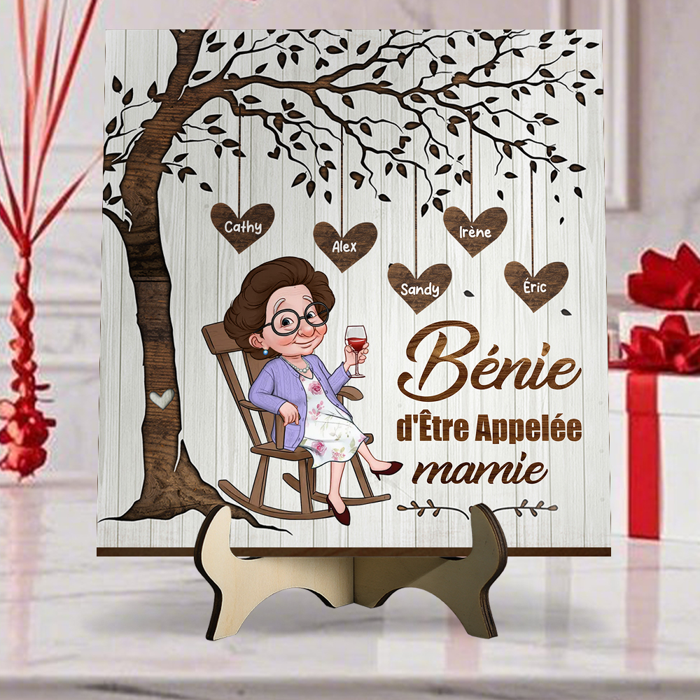 Plaque en Bois Arbre de Vie Personnalisée avec Prénoms et Coeurs, « Bénie d’être appelée mamie »