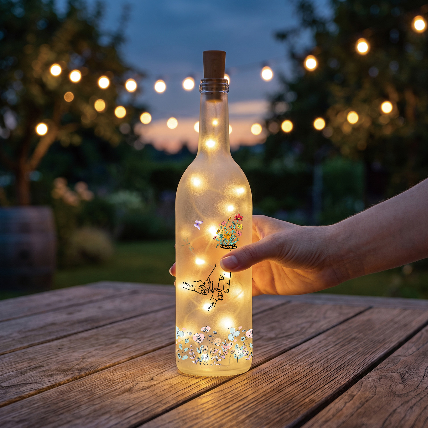 Bouteille Lumineuse LED personnalisée avec 2 à 12 Prénoms et Mains, Cadeau pour Maman