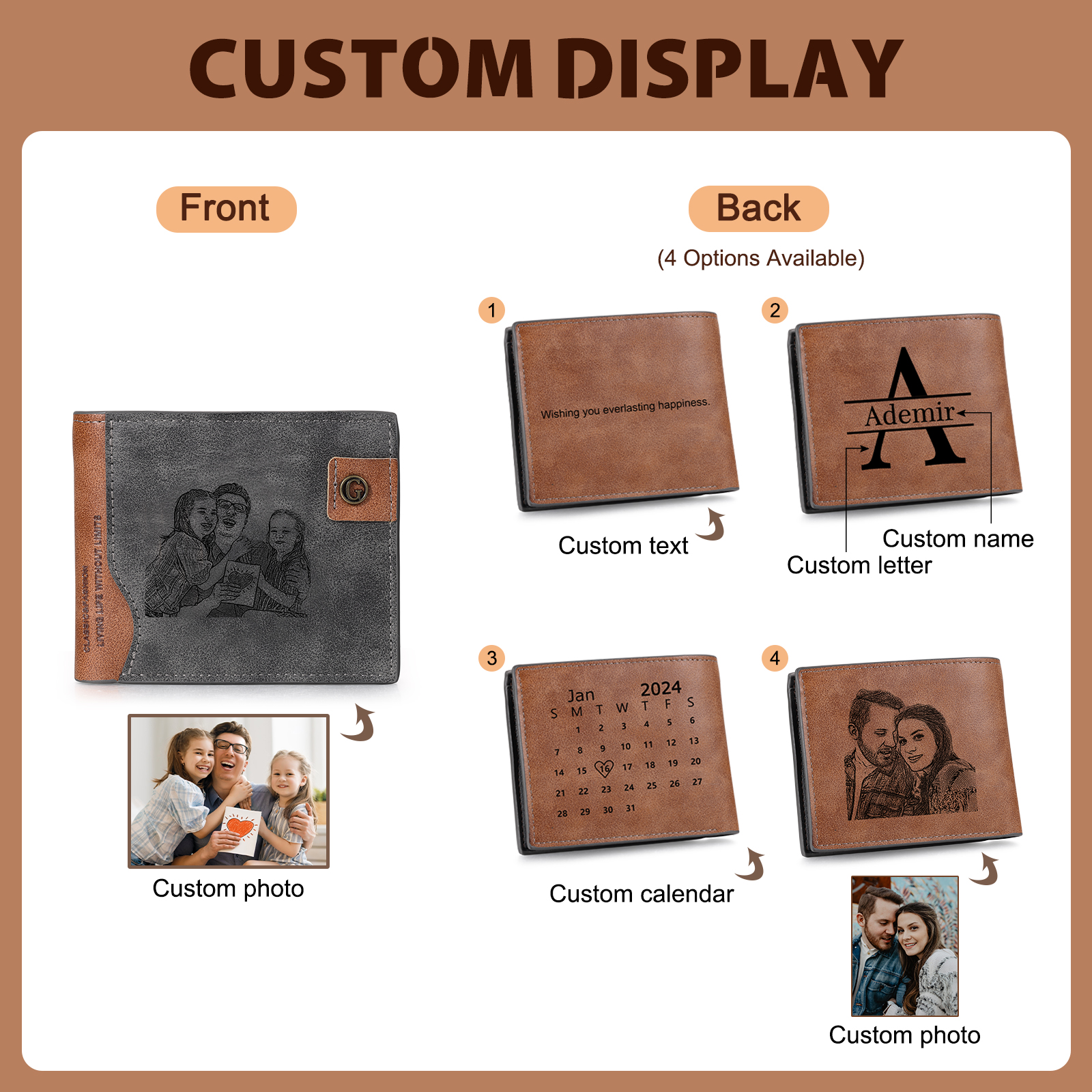 Portefeuille Homme Personnalisé en cuir, modèle bifold, avec photo, lettres et nom gravés