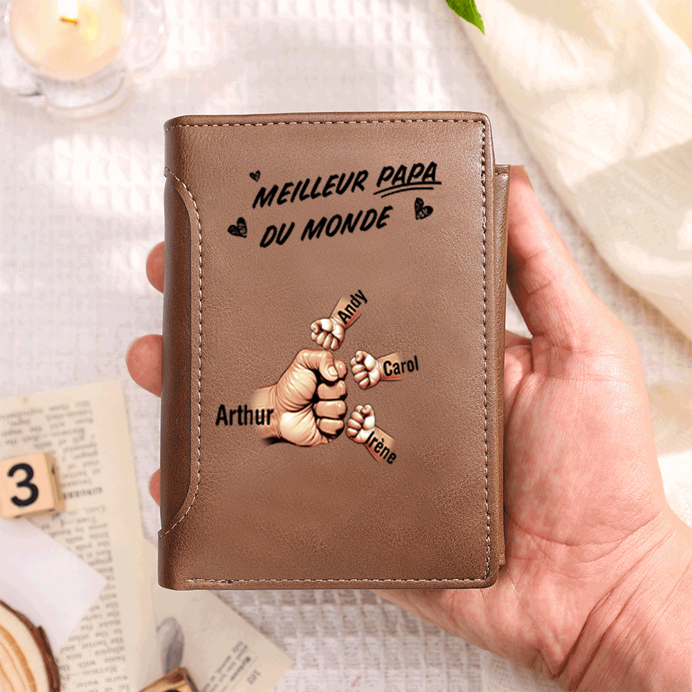 Portefeuille Personnalisé Homme - Prénoms et Poings pour Papa/Papi