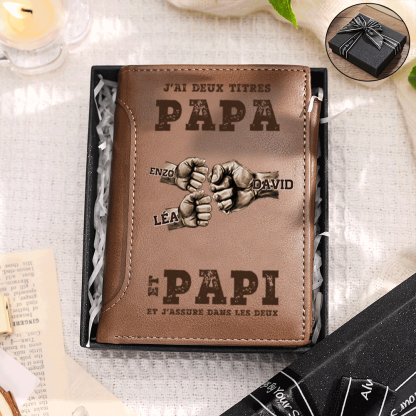 Portefeuille Personnalisé avec Prénoms et Poings - J'ai deux titres PAPA et PAPI