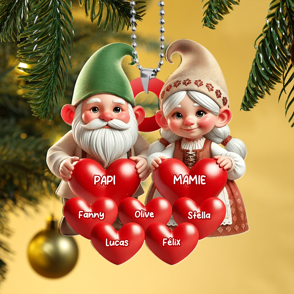 Décoration Sapin de Noël Gnomes Famille, Cœurs et Nom personnalisés
