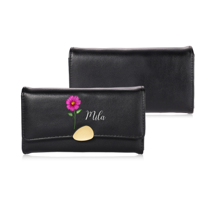 Portefeuille long Personnalisé pour Femme en cuir, avec Fleur de naissance et Prénom