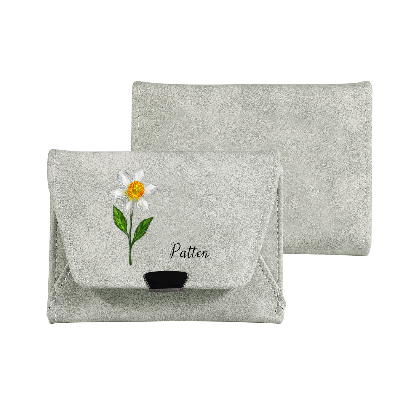 Portefeuille pour femme personnalisé en cuir avec fleur de naissance et prénom