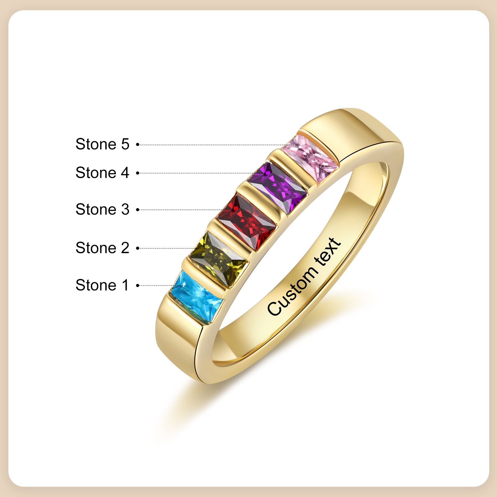 Bague Personnalisée avec Pierres de Naissance – Gravure Intérieure Texte, Bague Élégante en couleur Or pour Femme et Famille