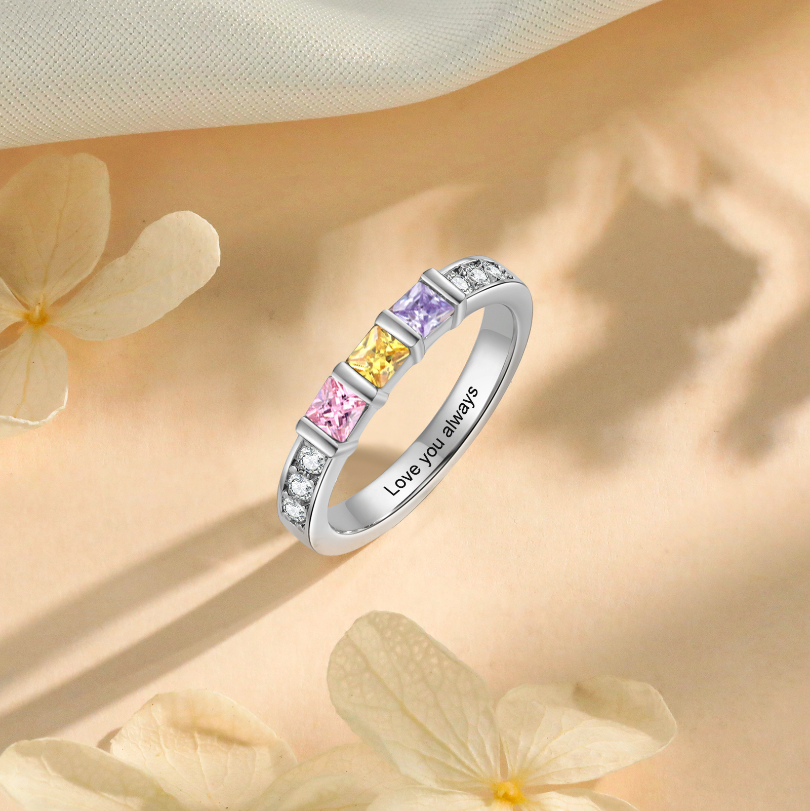 Bague Personnalisée avec 2 à 4 Pierres de Naissance, Gravure Intérieure