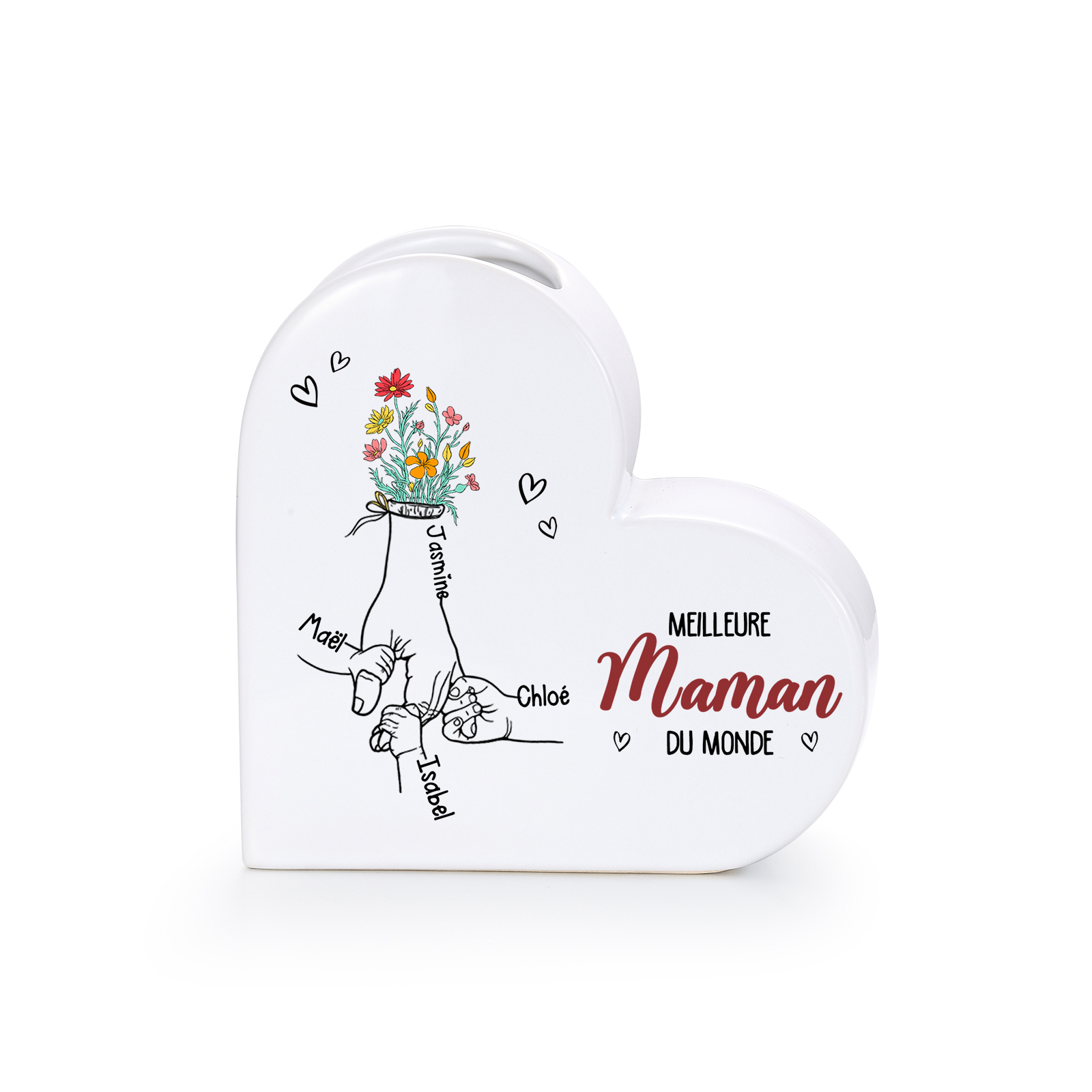 Vase Cœur en Céramique Personnalisé avec 2 à 6 Prénoms « Meilleure maman/mamie du monde »